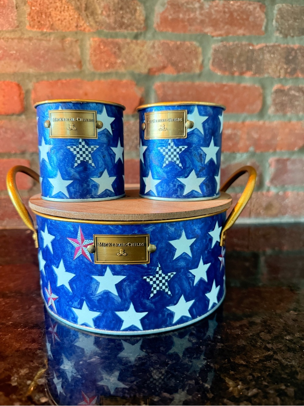MacKenzie-Childs Blue Star Citronella Candles Canister Trio with Gold Accents